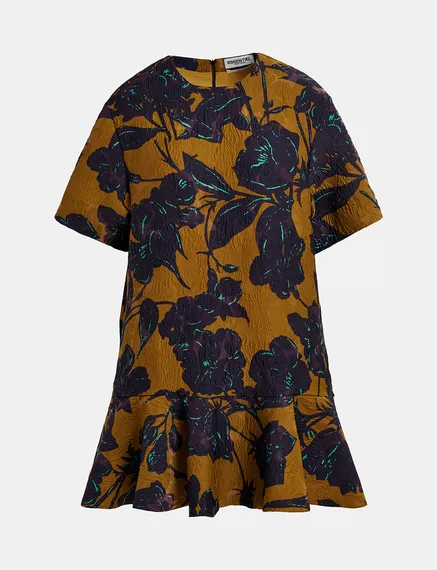 Bronzen en marineblauwe mini-jurk met bloemenprint