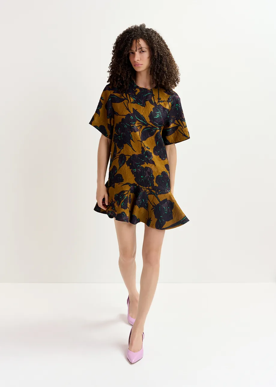 Bronze and navy blue mini dress with floral print