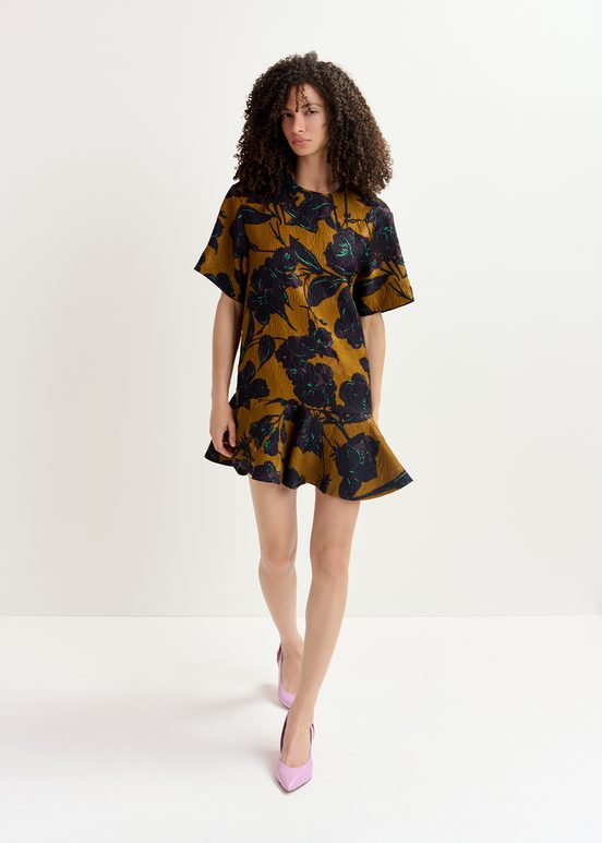 Bronzen en marineblauwe mini-jurk met bloemenprint