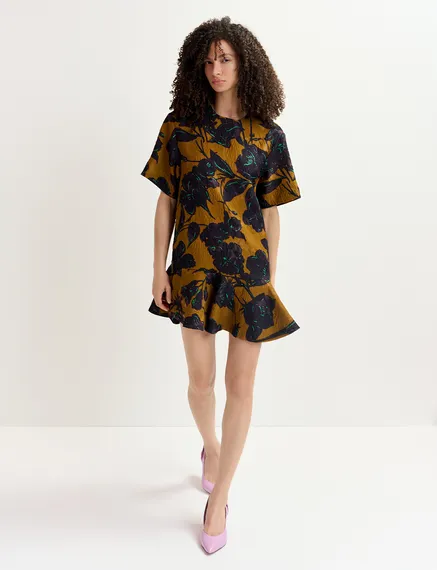 Bronze and navy blue mini dress with floral print