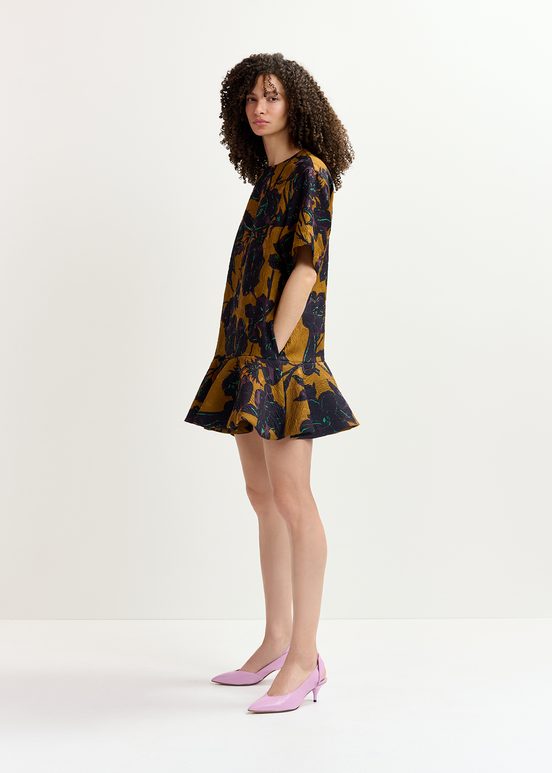 Bronzen en marineblauwe mini-jurk met bloemenprint