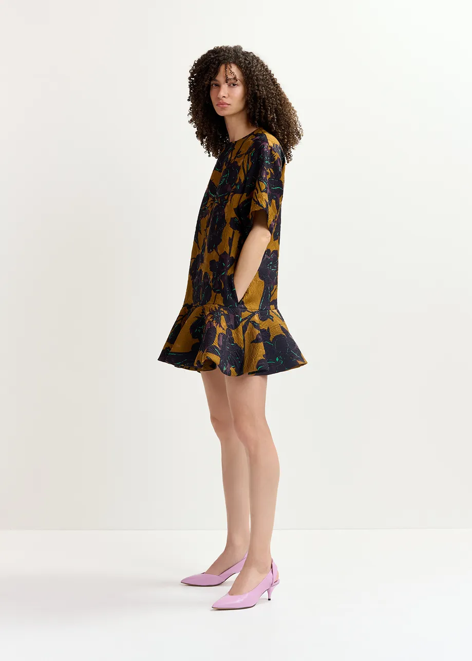 Bronze and navy blue mini dress with floral print