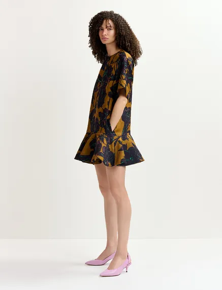 Bronze and navy blue mini dress with floral print