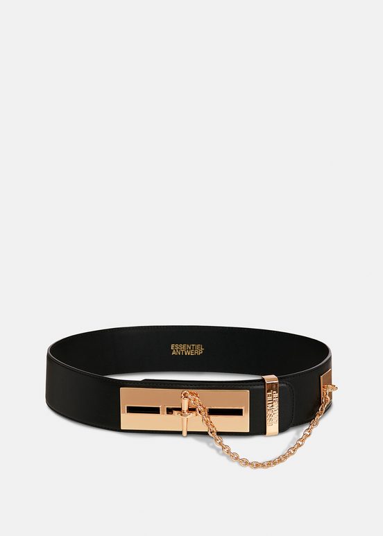 Black leather waist belt with gold-tone buckle