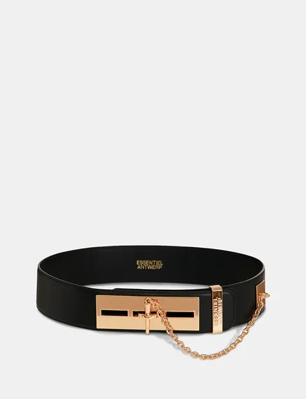 Black leather waist belt with gold-tone buckle