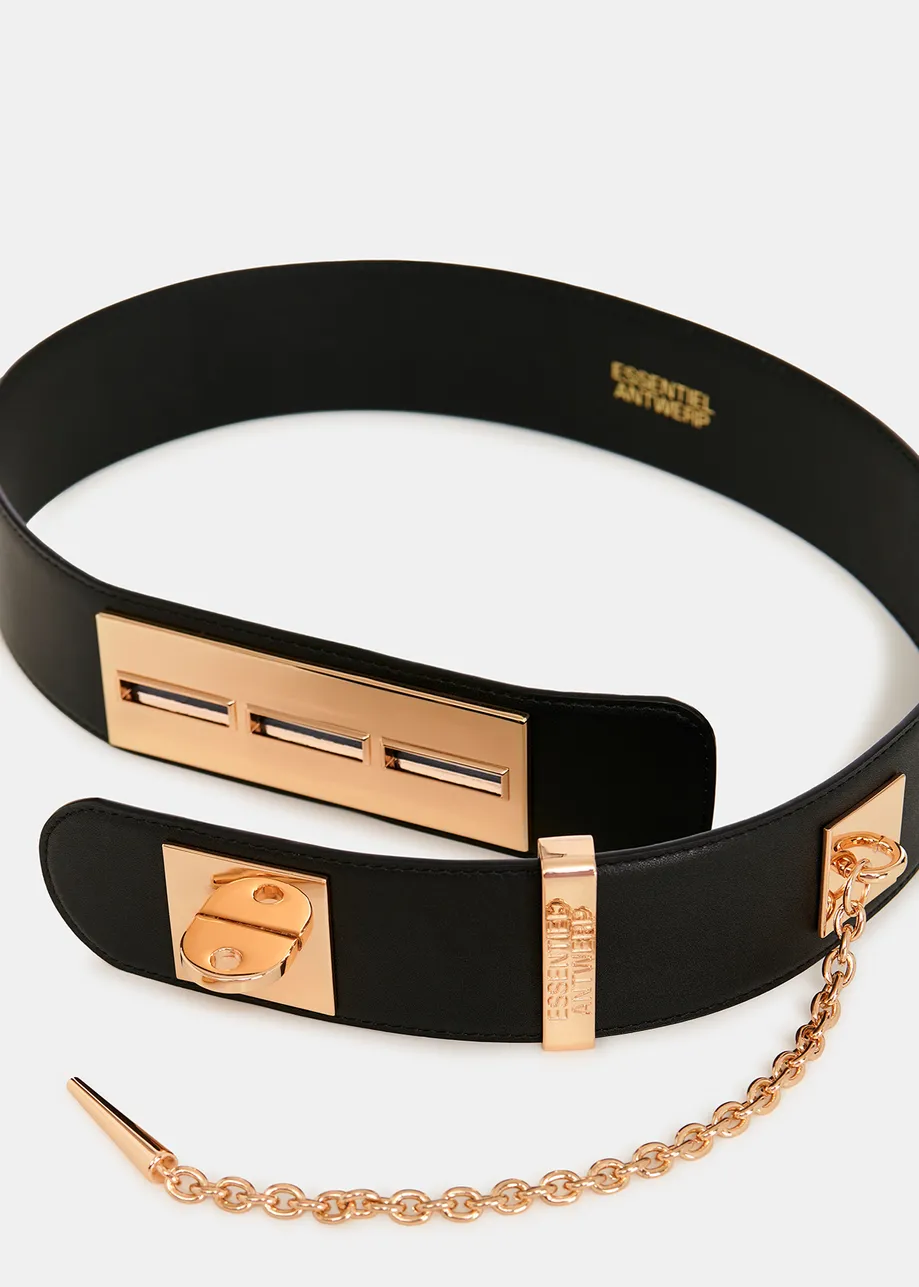 Black leather waist belt with gold-tone buckle