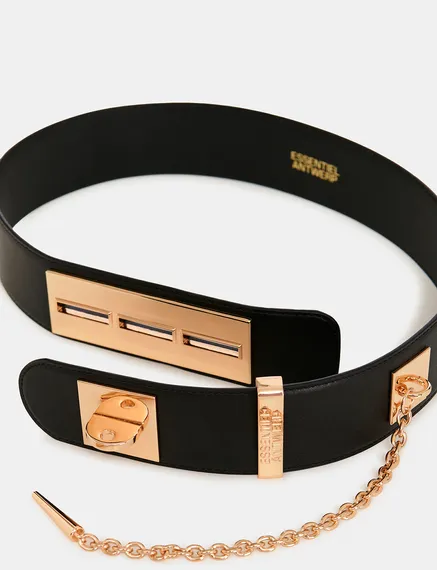 Black leather waist belt with gold-tone buckle