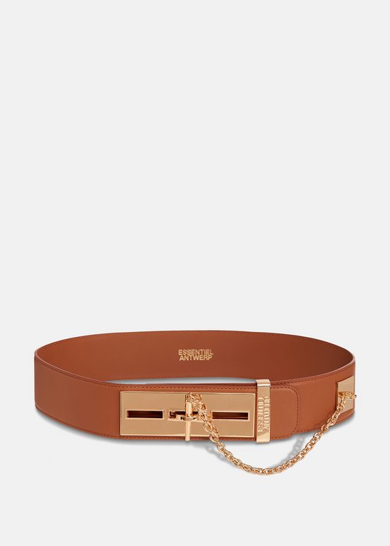 Brown leather waist belt with gold-tone buckle