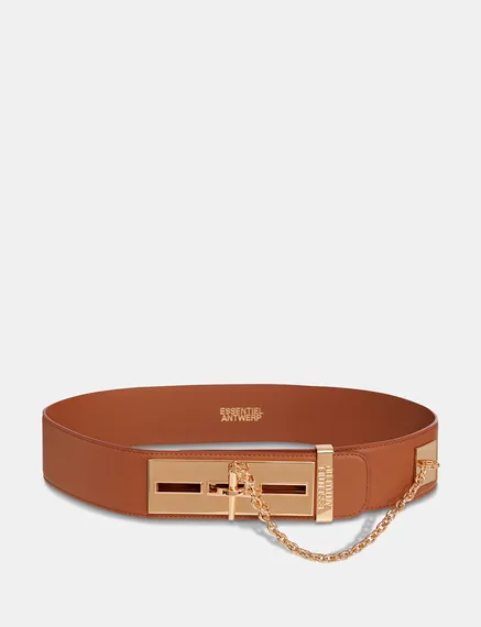 Brown leather waist belt with gold-tone buckle