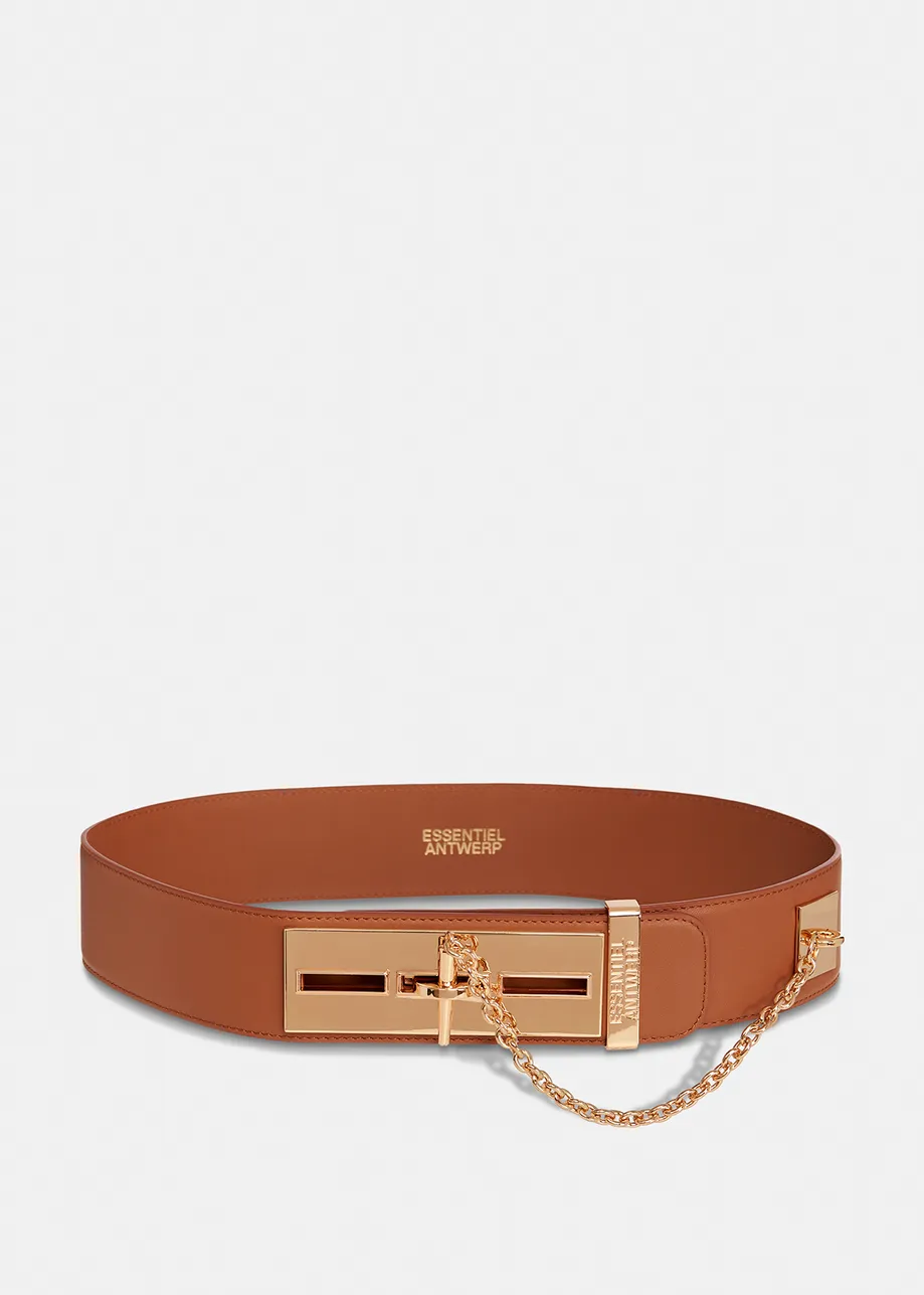 Brown leather waist belt with gold-tone buckle