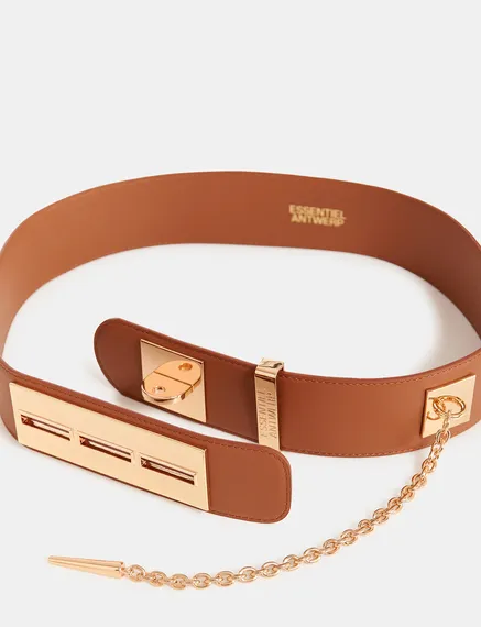 Ceinture de taille en cuir brun à boucle dorée