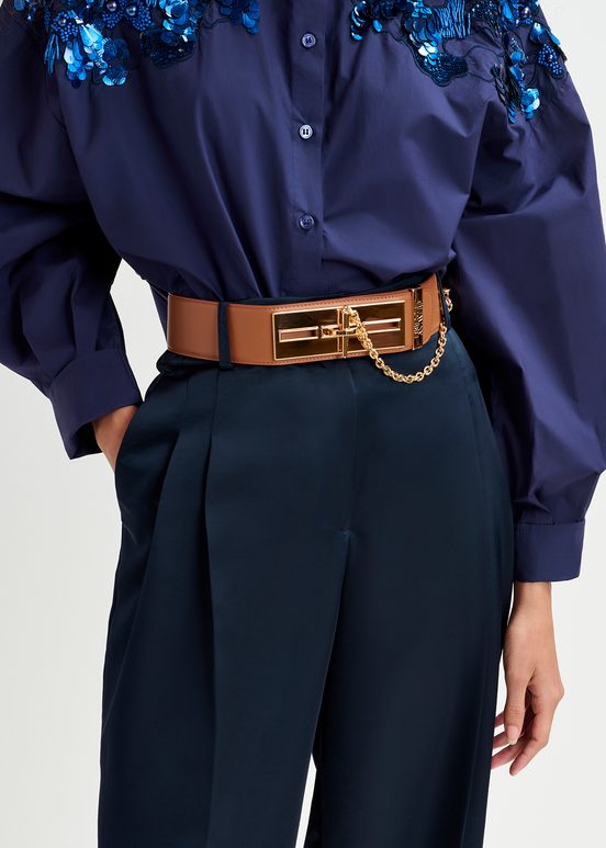 Brown leather waist belt with gold-tone buckle