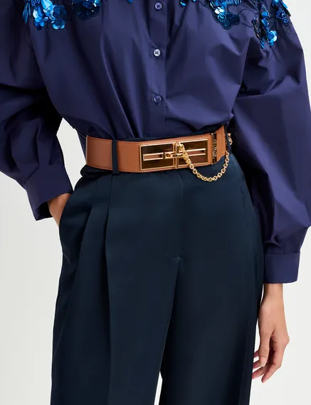 Brown leather waist belt with gold-tone buckle