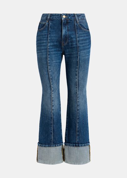 Blauwe kick flare jeans met omgeslagen zoom