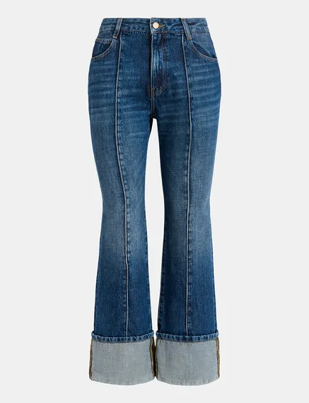 Kick flare blue jeans with turn-up hem