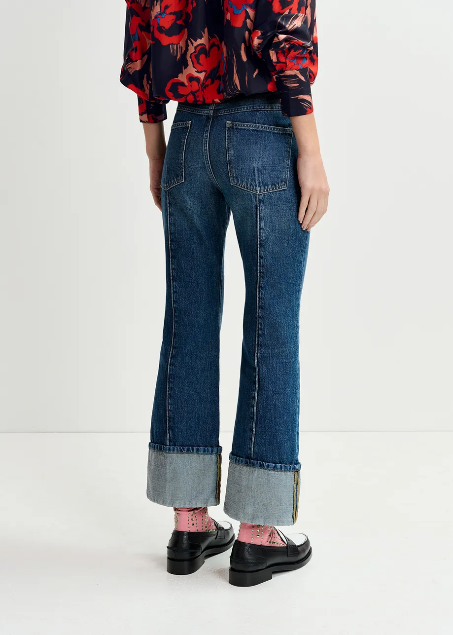 Kick flare blue jeans with turn-up hem