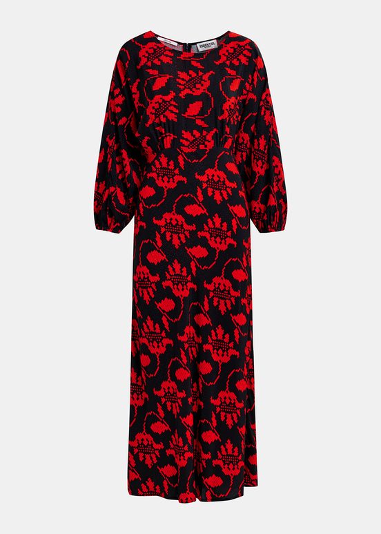 Black and red maxi-length dress with floral print