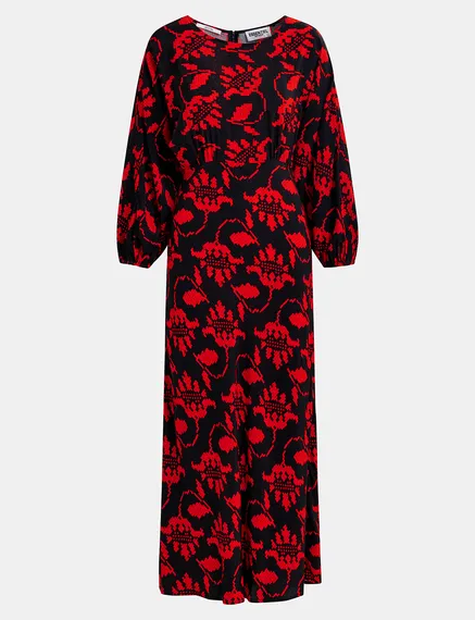 Black and red maxi-length dress with floral print