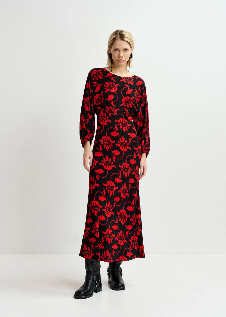 Black and red maxi-length dress with floral print