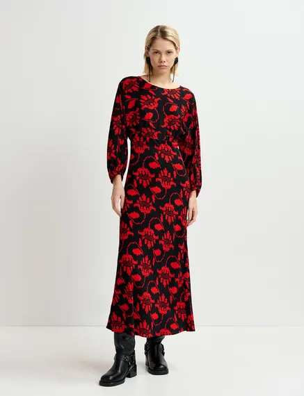 Black and red maxi-length dress with floral print