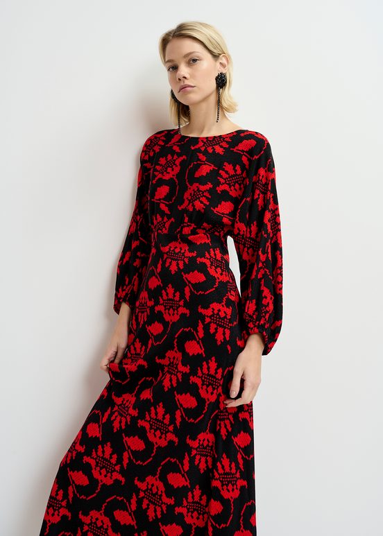 Black and red maxi-length dress with floral print