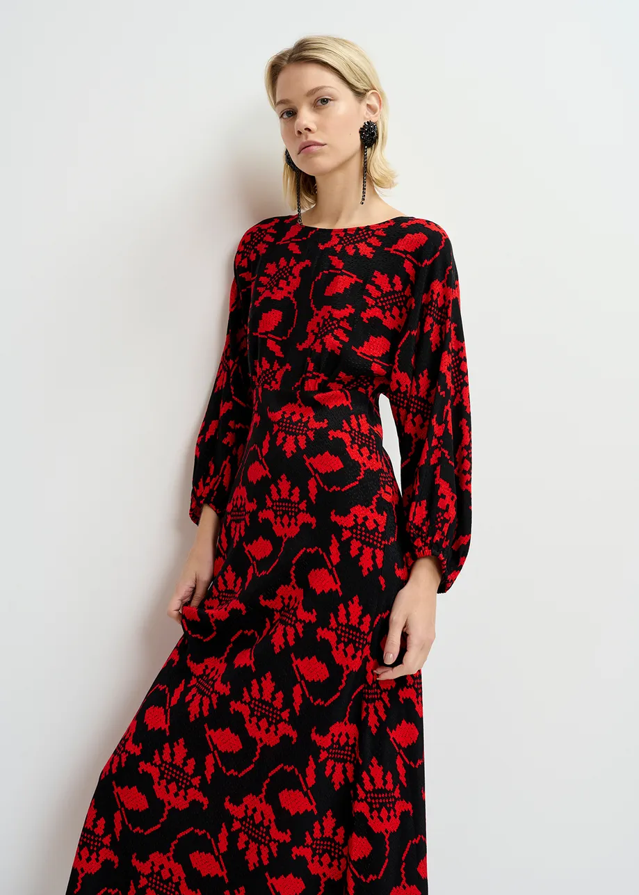 Black and red maxi-length dress with floral print