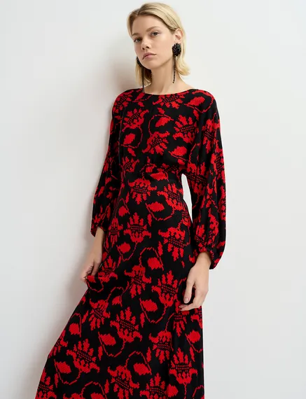 Black and red maxi-length dress with floral print