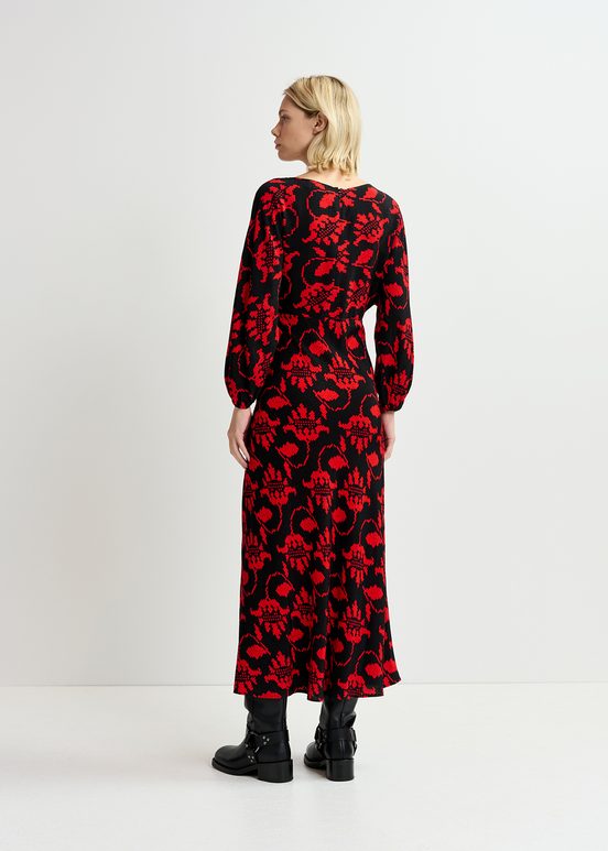 Black and red maxi-length dress with floral print