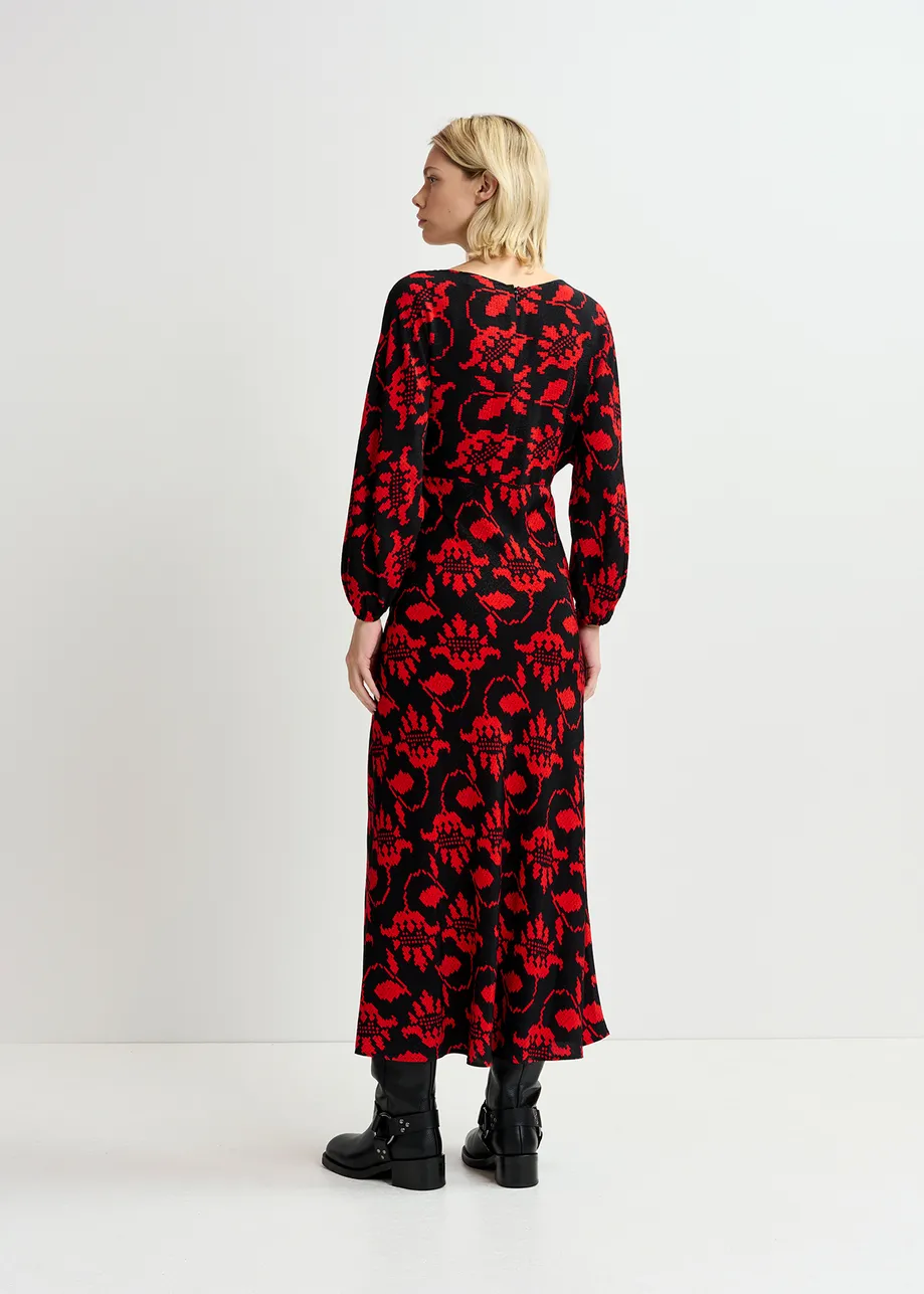 Black and red maxi-length dress with floral print