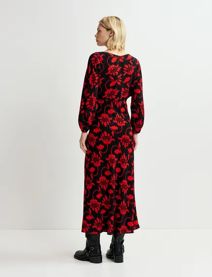 Zwarte en rode maxi-jurk met bloemenprint