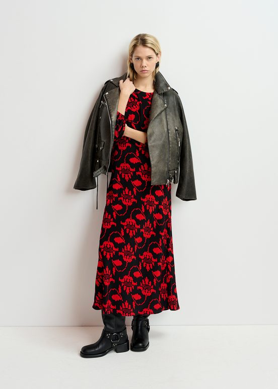 Black and red maxi-length dress with floral print