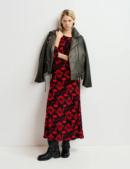 Black and red maxi-length dress with floral print