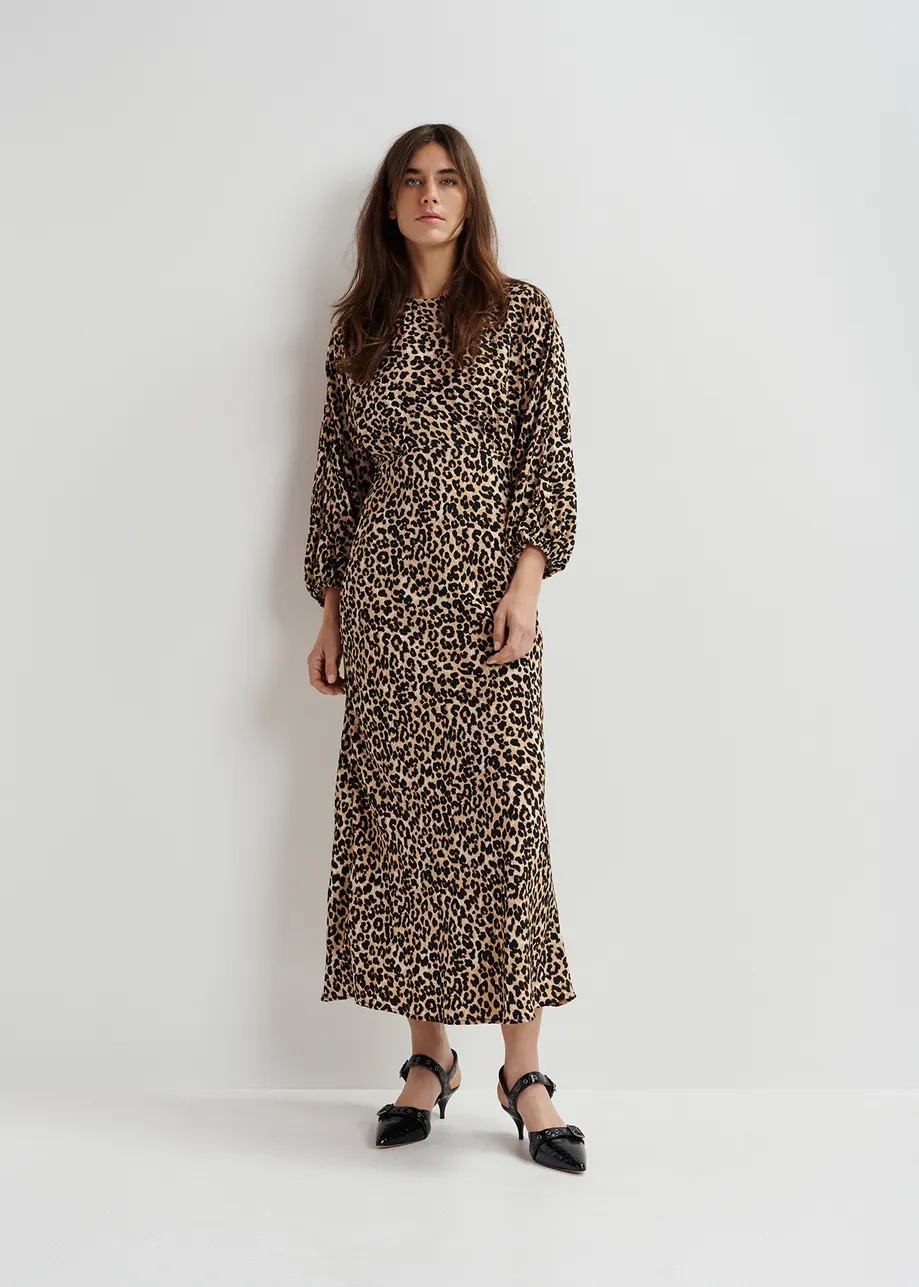 Brown maxi-length dress with leopard print