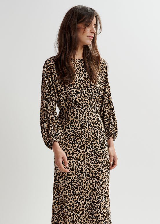 Vestido de largo maxi marrón con estampado de leopardo