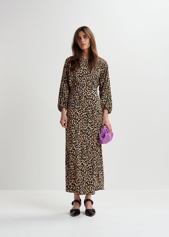 Brown maxi-length dress with leopard print