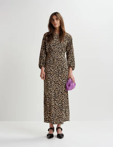 Brown maxi-length dress with leopard print