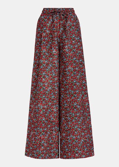 Pantalones de pernera ancha con estampado floral, negro, rojo y azul