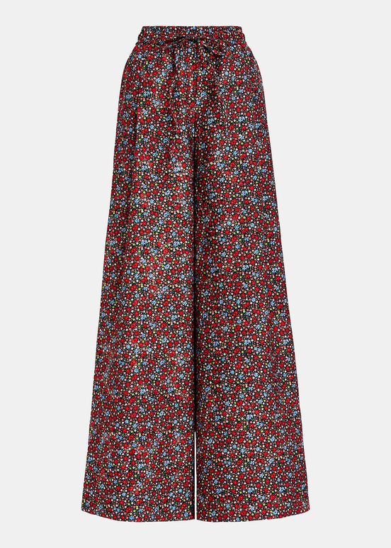 Pantalon large à imprimé fleuri noir, rouge et bleu