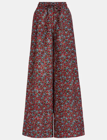 Black, red and blue wide-leg pants with floral print