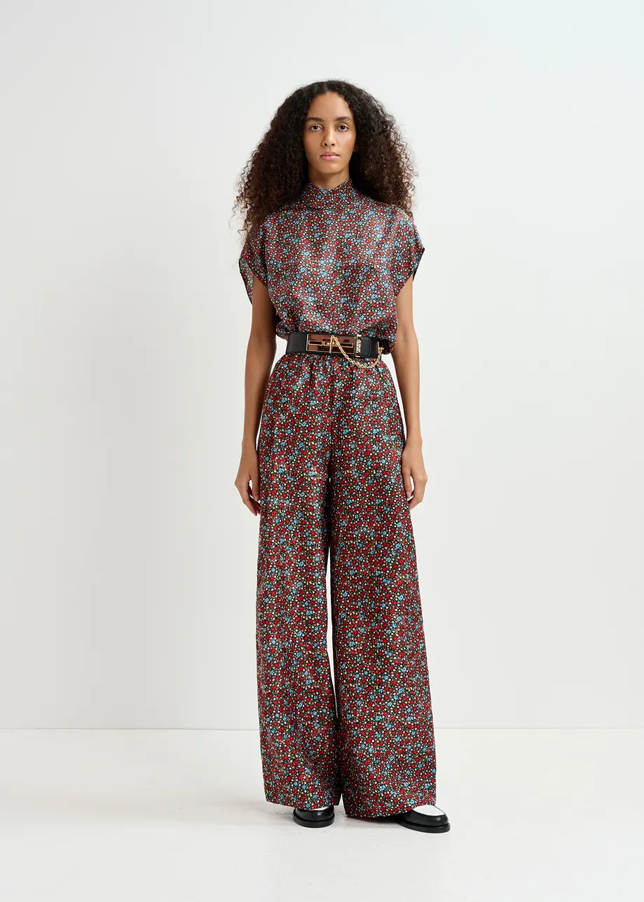 Black, red and blue wide-leg pants with floral print