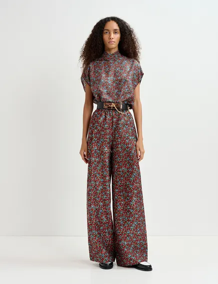 Black, red and blue wide-leg pants with floral print