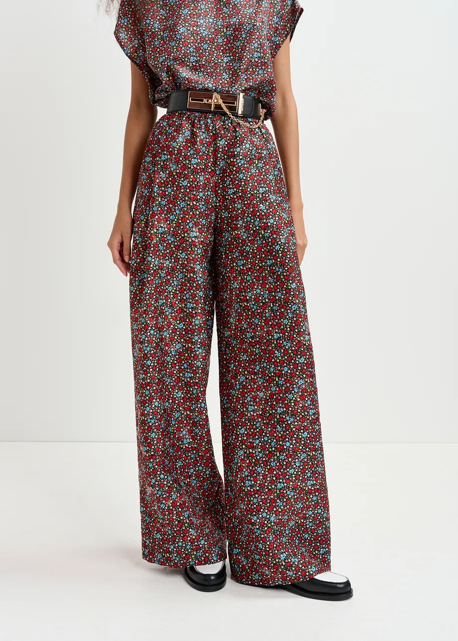 Black, red and blue wide-leg pants with floral print