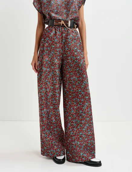 Black, red and blue wide-leg pants with floral print