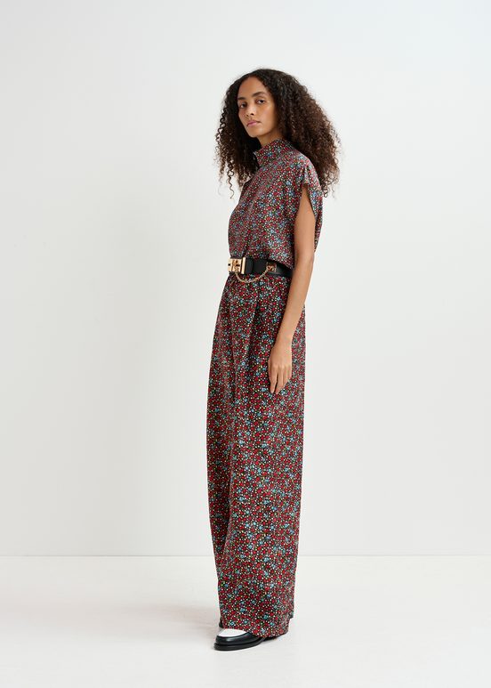 Black, red and blue wide-leg pants with floral print