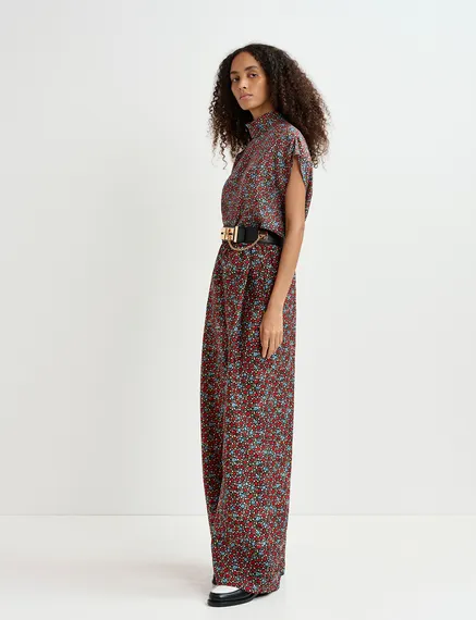 Black, red and blue wide-leg pants with floral print