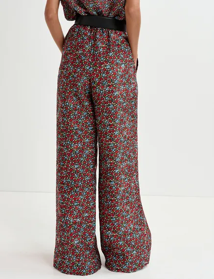 Black, red and blue wide-leg pants with floral print