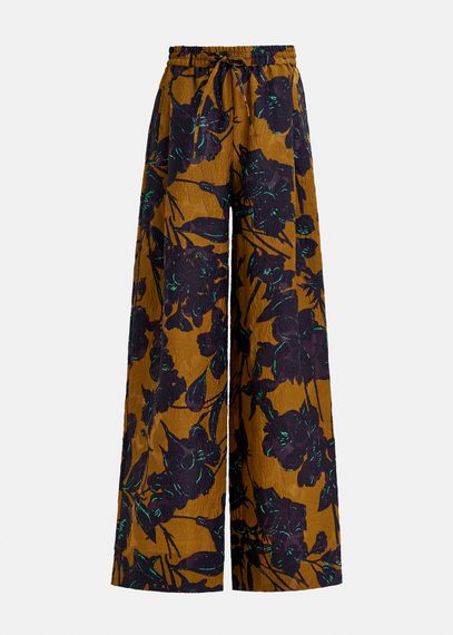 Bronze and navy blue wide-leg pants with floral print