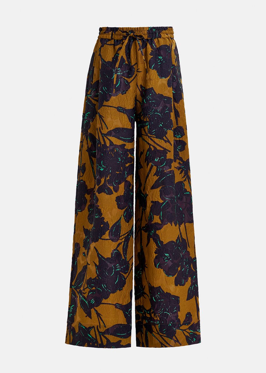 Bronze and navy blue wide-leg pants with floral print