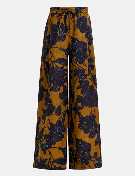 Bronze and navy blue wide-leg pants with floral print