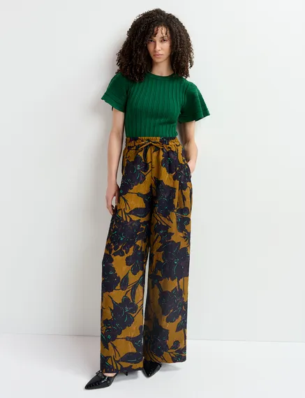 Bronze and navy blue wide-leg pants with floral print